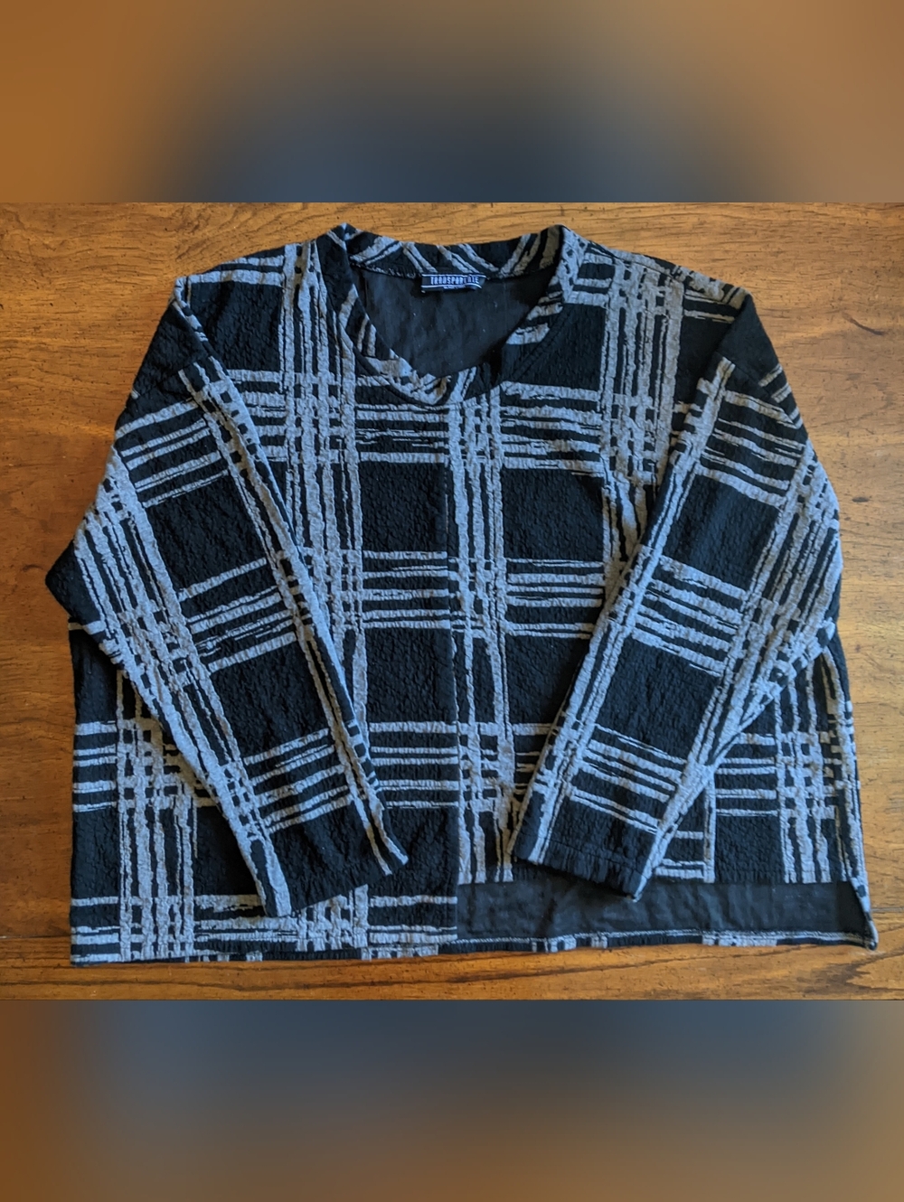 Transparente Black/Gray Large-Scale Plaid Asymmetric Hem Long Sleeve Top